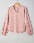 Embroidered Eyelet Patchwork Batwing Sleeve Blouse
