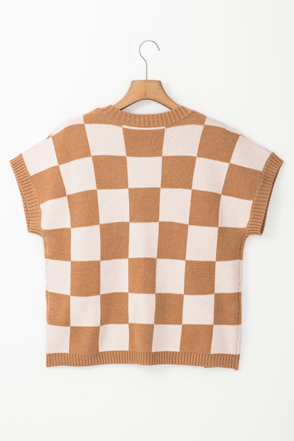 Checker Colorblock Ribbed Trim Sweater Knit Top