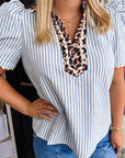 Plus Size Leopard Collar Stripe Bubble Sleeve Blouse