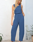Solid Pleated Detail Sleeveless Elastic Waist Jumpsuit