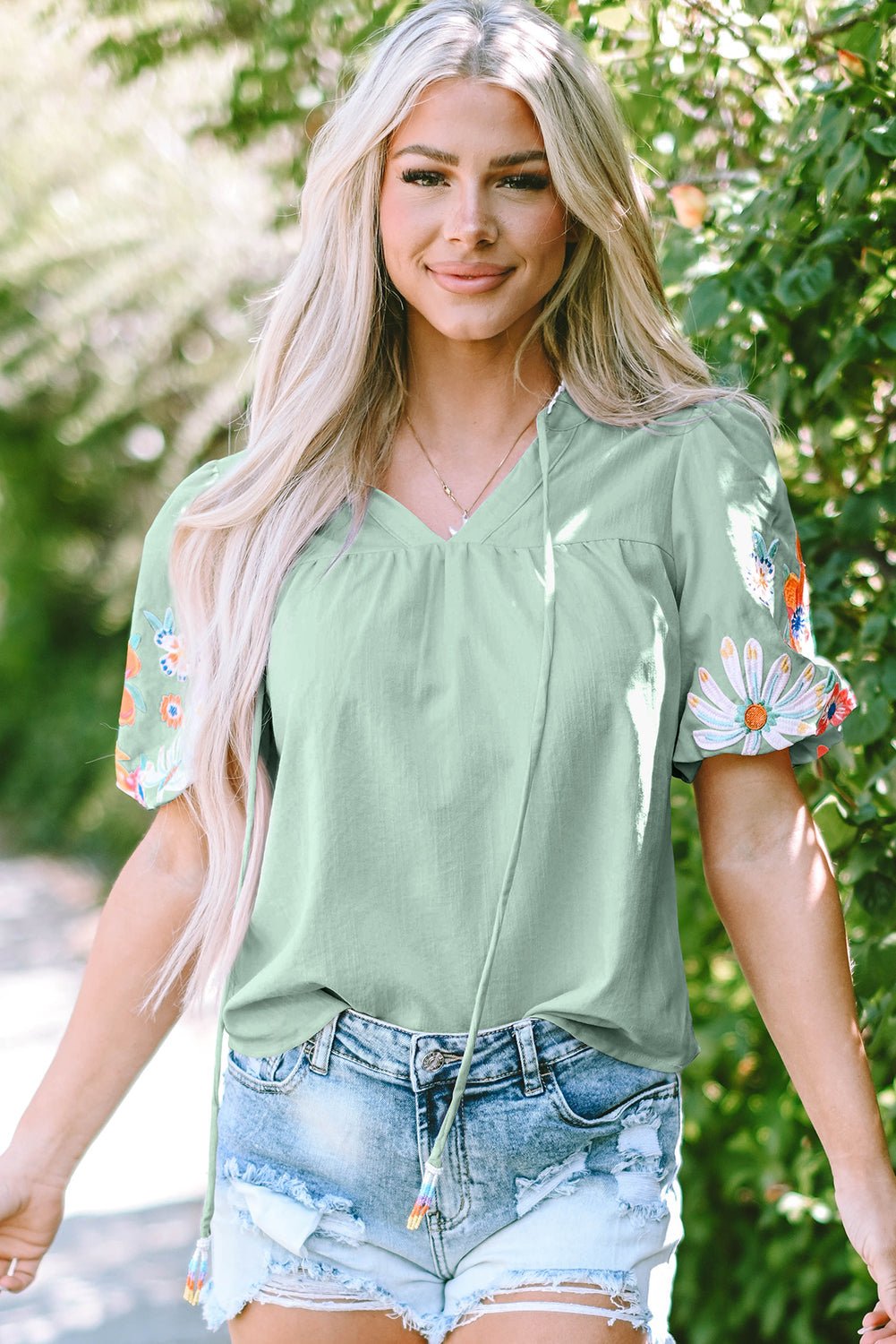 Reya Floral Embroidered Puff Sleeve Split Neck Blouse