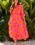 Floral Frilly Smocked V-Neck Maxi Dress