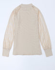Stripe Ribbed Mesh Long Sleeve Crewneck Top