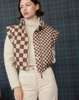 CHECKERED CROPPED PUFFER VEST: BROWN