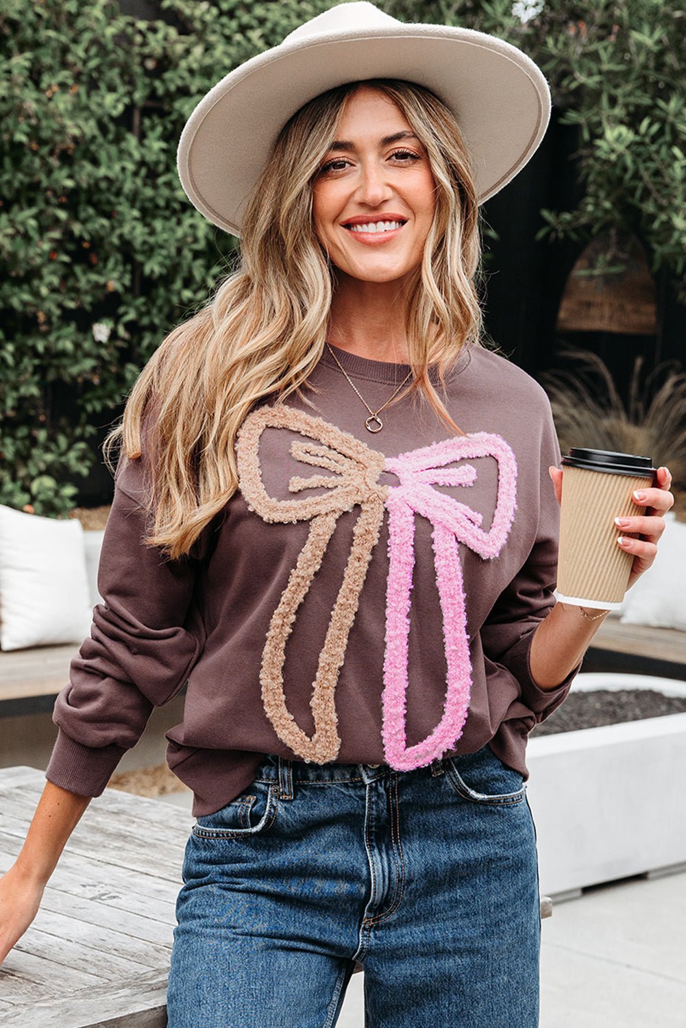 Callie Terry Bow Pattern Drop Shoulder Sweatshirt