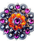 Western Screw Back Concho 1.5 In Fuchsia Orange Crystal Bling Saddle