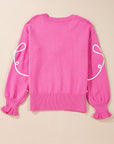 Bow Tie Corded Embroidery Ruffle Cuff Sweater