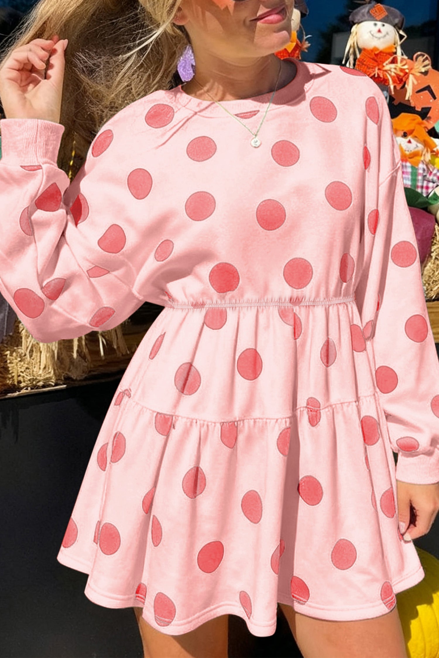 Polka Dot Long Sleeve Flared Mini Dress