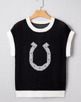 Western Horseshoe Contrast Trim Short Sleeve Sweater