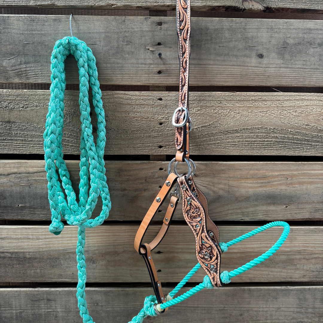 Seafoam Floral Tooled Lariat &amp; Leather Combo Halter