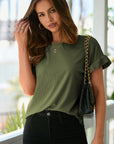 Solid Ribbed Knit Ruffle Short Sleeve T-Shirt