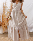 Stripe Flutter Sleeve Buttoned V-Neck Maxi Dress