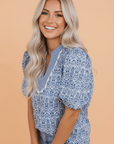 Floral Stripe Contrast Ric-Rac Puff Sleeve Top