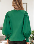 Leopard Trim V-Neck Puffy Flounce Sleeve Blouse