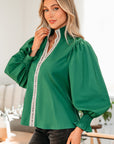 Leopard Trim V-Neck Puffy Flounce Sleeve Blouse
