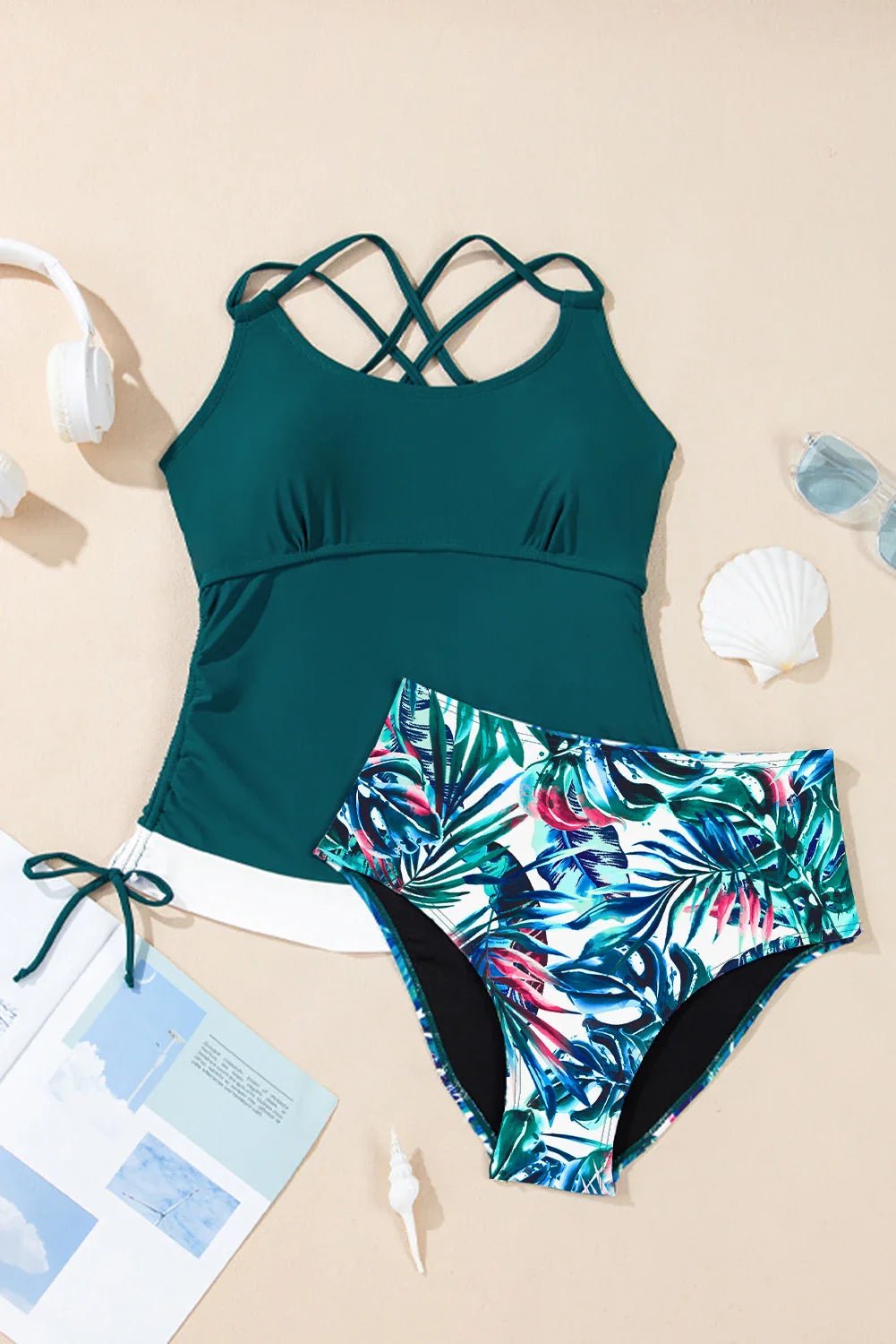 Colorblock Tankini Top &amp; High Waist Bikini Set