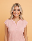 Wavy Textured Button V-Neck Casual Tee