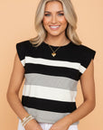 Stripe Mixed Crew Neck Cap Sleeve T-Shirt