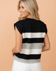 Stripe Mixed Crew Neck Cap Sleeve T-Shirt