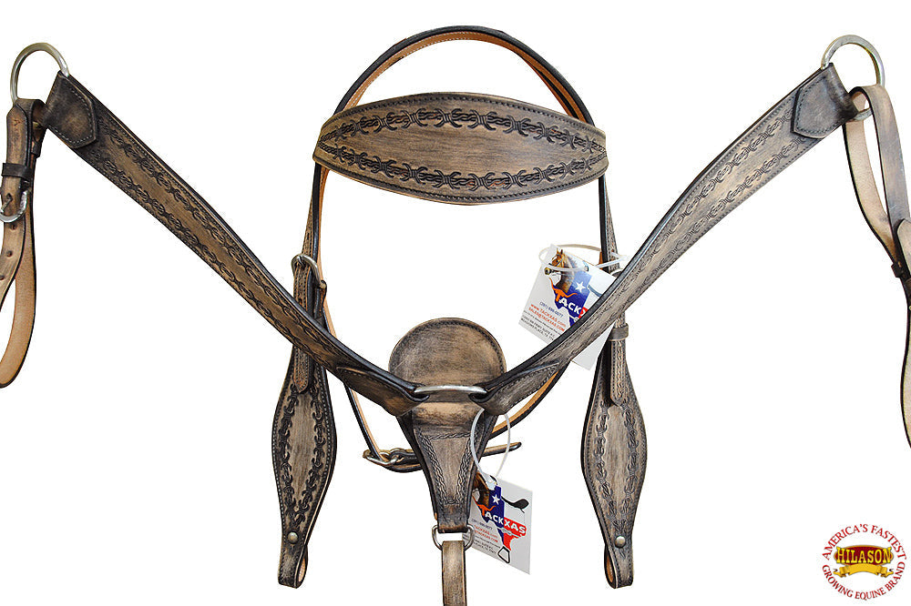 Hilason Western Horse Headstall &amp; Breast Collar Tack American Leather Rough Out