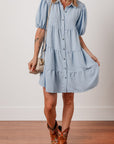 Arya Shirt Collar Button Up Puff Sleeve Tiered Dress