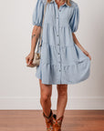 Solid Button-Up Collared Tiered Dress