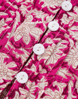 Pink Floral Print Split Neck Pleated Puff Sleeve Blouse