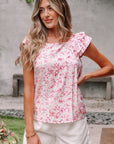 Floral Bow-Back Square Neck Ruffle Sleeve Blouse