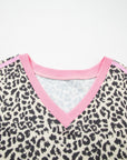 Leopard Contrast V-Neck Short Sleeve Top