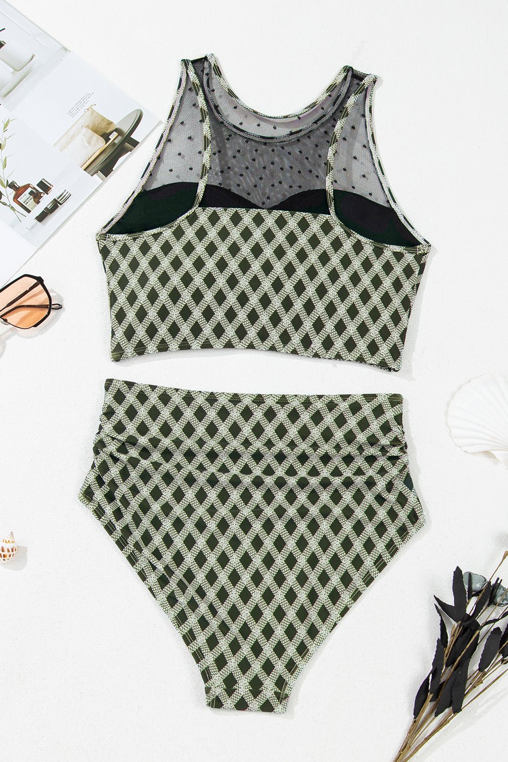 Plaid Dotted Mesh Top &amp; High Waist Bikini Set