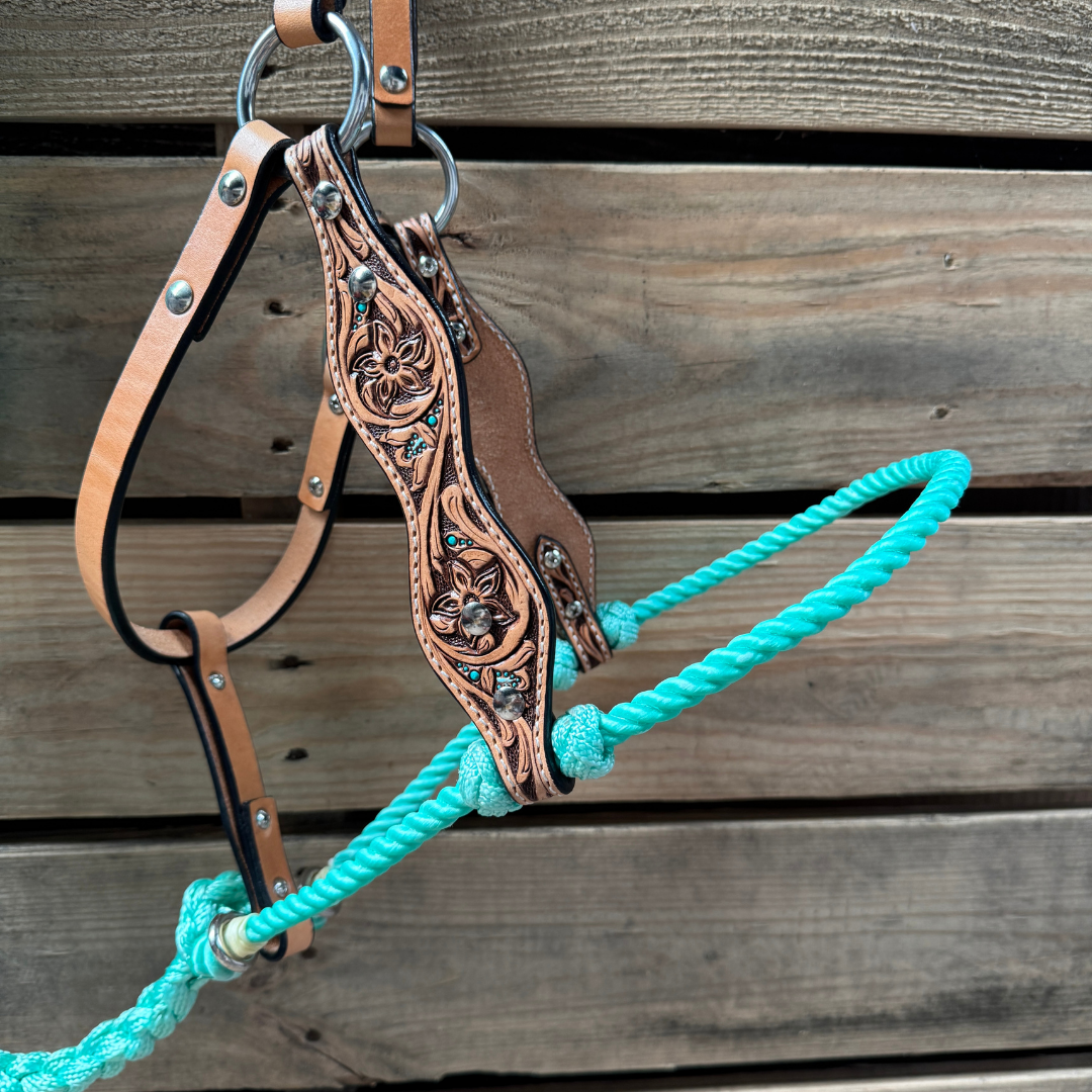 Seafoam Floral Tooled Lariat &amp; Leather Combo Halter