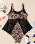 Leopard Mesh Patchwork V-Neck 3/4 Sleeve Swimsuit