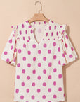Polka Dot Shirred Notched Neck Balloon Sleeve Blouse
