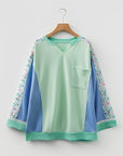Plus Size Floral Patchwork Long Sleeve V-Neck Top