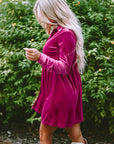 Velvet Ruffle Buttoned Long Sleeve Dress