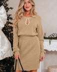 Pearl Embellished Keyhole Ribbed Sweater Dress