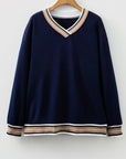 Varsity Contrast Stripe Trim V-Neck Sweatshirt