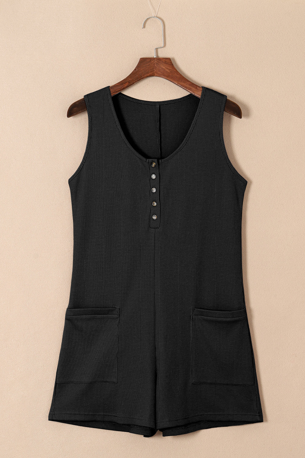Waffle Buttoned Scoop Neck Sleeveless Romper