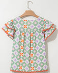 Geometric Floral V-Neck Layered Flutter Sleeve Blouse