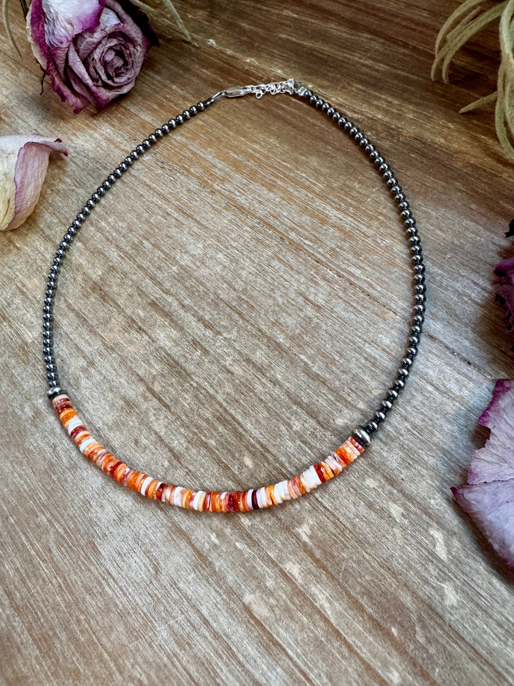 Spiny Oyster Heishi &amp; Sterling Silver Pearl Choker