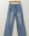 Scottie Blue Washed Pleated Detail Wide Leg Jeans