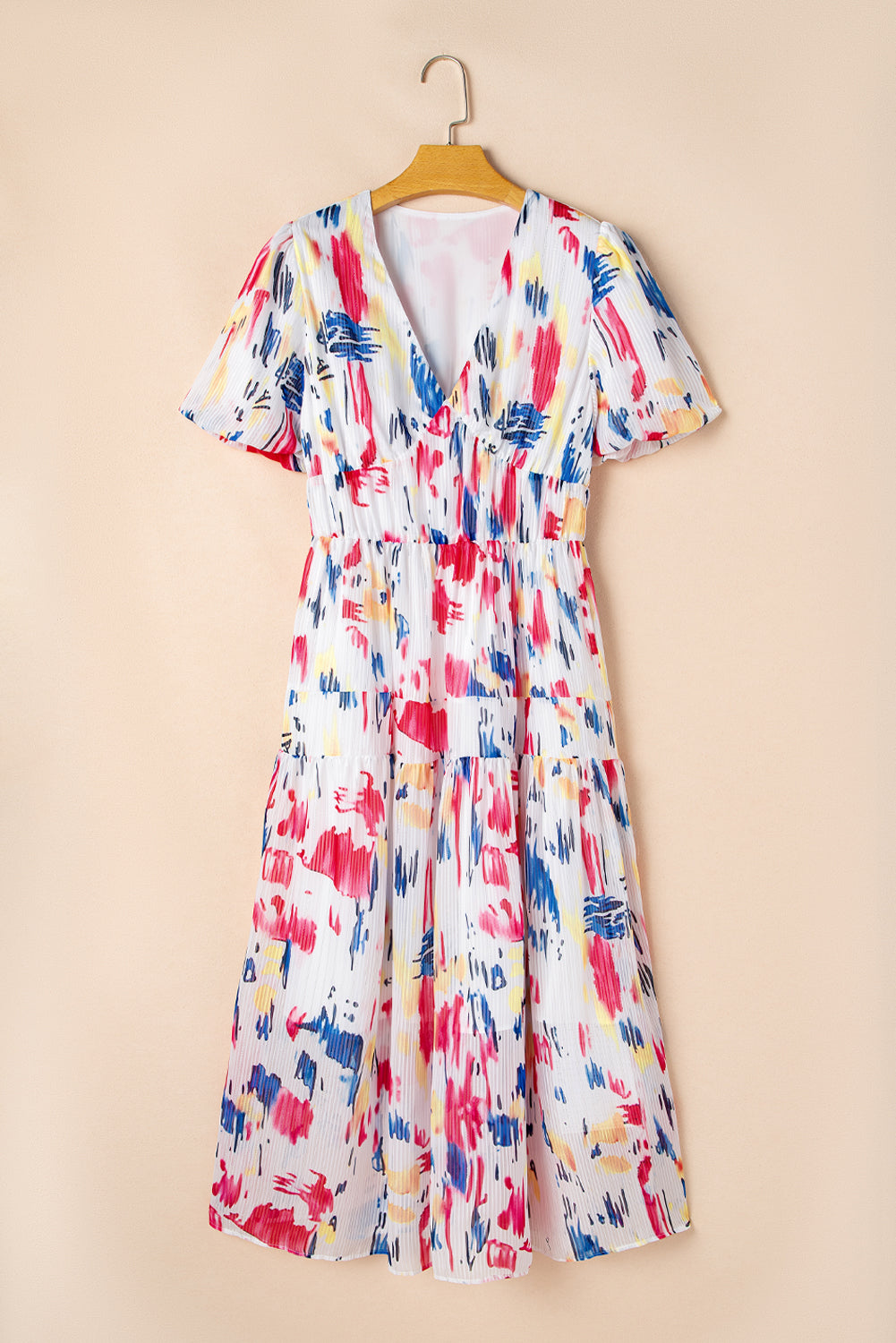 Abstract Short Puff Sleeve Tiered Maxi Dress