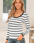Stripe Scalloped Scoop Neck Ribbed Knit Sweater