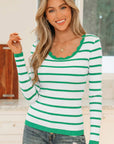 Stripe Scalloped Scoop Neck Ribbed Knit Sweater