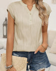 Wavy Textured Button V-Neck Casual Tee