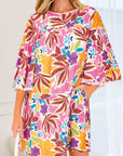 Pink Floral Print Lace Trimmed Tie Back Bell Sleeve Swing Mini Dress