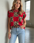 Leopard Checker Short Sleeve Knit Sweater