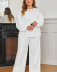 Plus Size Solid Raw Seam Top and Drawstring Pants Set