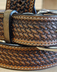 46 In Hilason Hand Tooled Basketweave Heavy Duty Western Work Leather Mens Womens Belt Dark Brown
