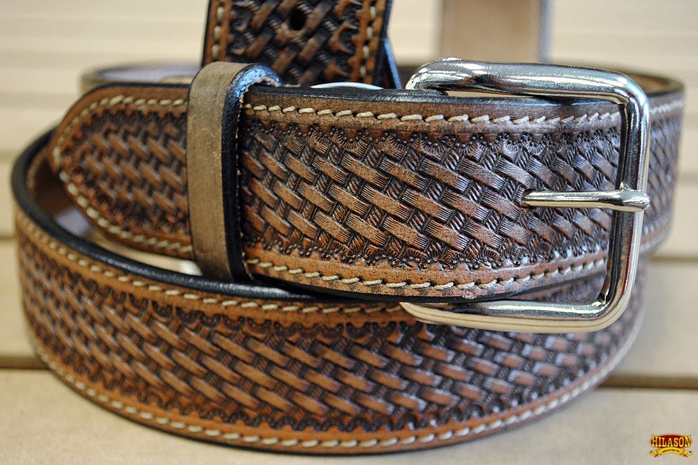 60 In Hilason Hand Tooled Basketweave Heavy Duty Western Work Leather Mens Womens Belt Dark Brown